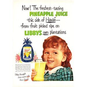 1952 Libby's Pineaplle Juice Vintage Print Ad Little Girl Redhead 50s Wall Art